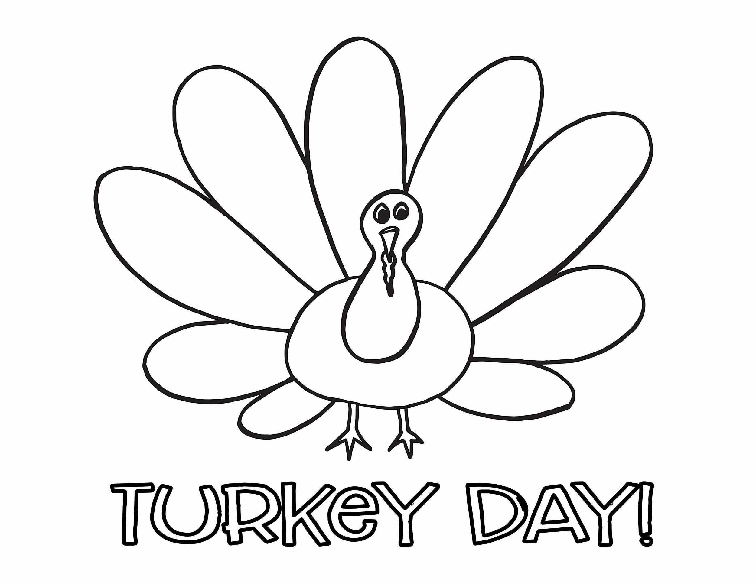 simple turkey drawing to color, colorable text "turkey day" underneath