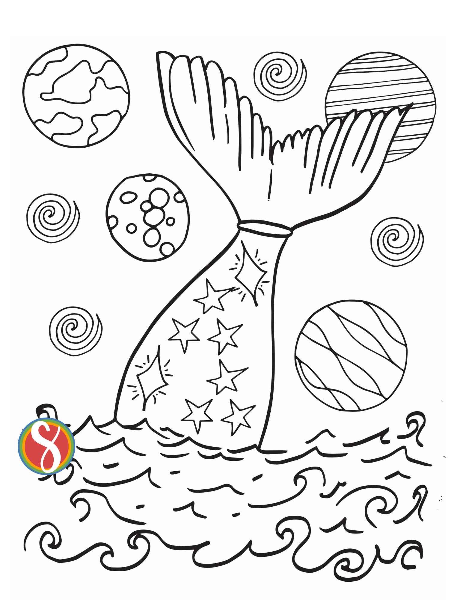 A mermaid tail outline full of colorable diamond-shaped stars with a background of different planets to color