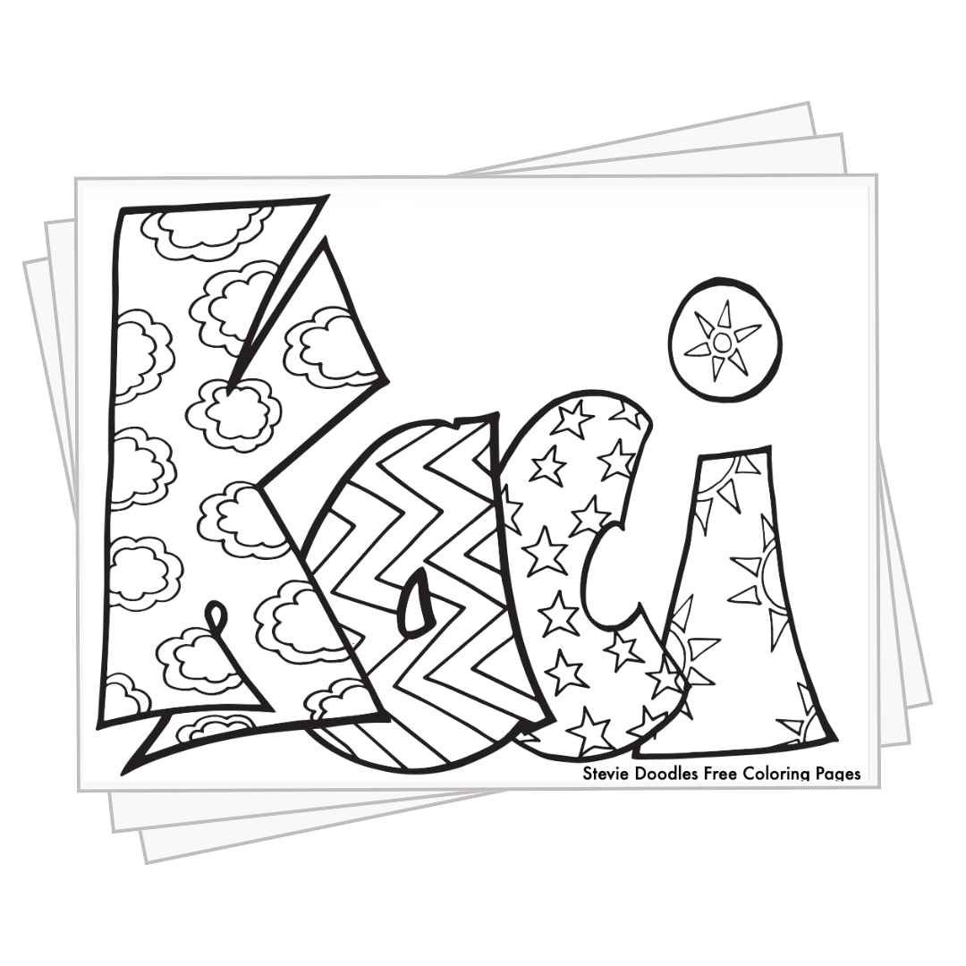 bubble letters "Kaci" with doodles inside to color