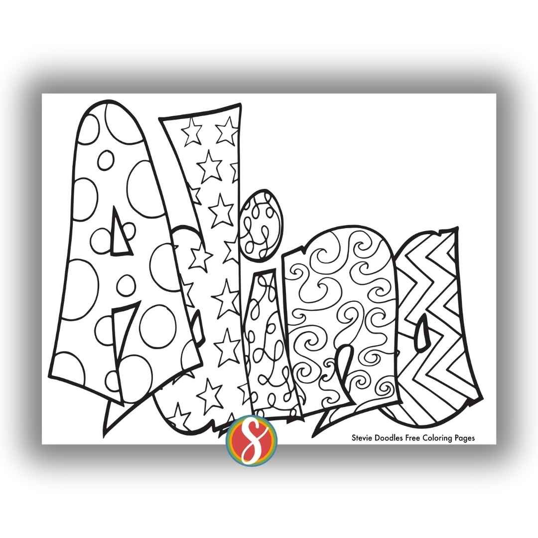 bubble letters "Adina' with doodles inside to color