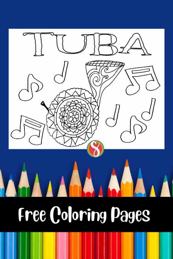 tuba outline filled with doodles and surrounded by musical notes