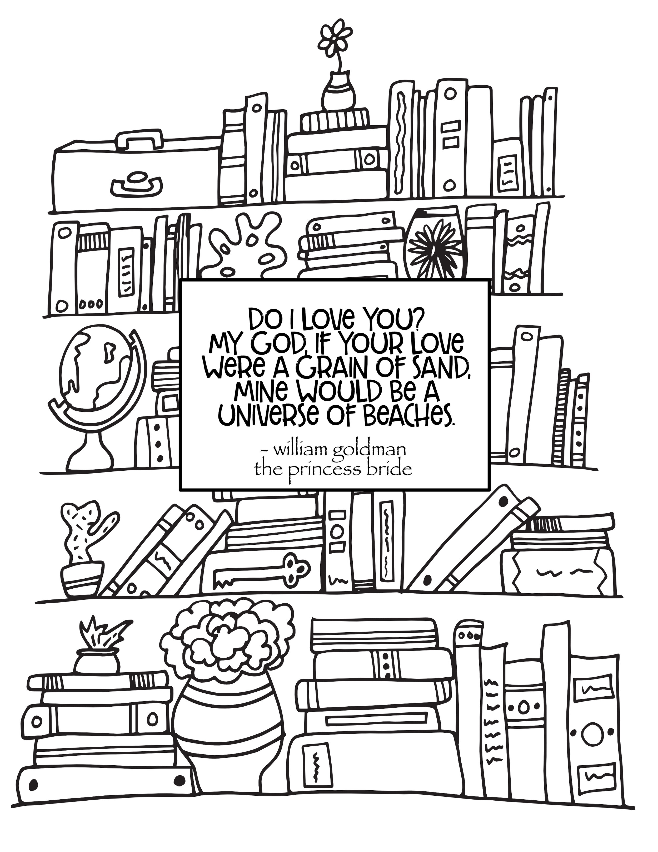 bookshelf with princess bride quote free coloring page