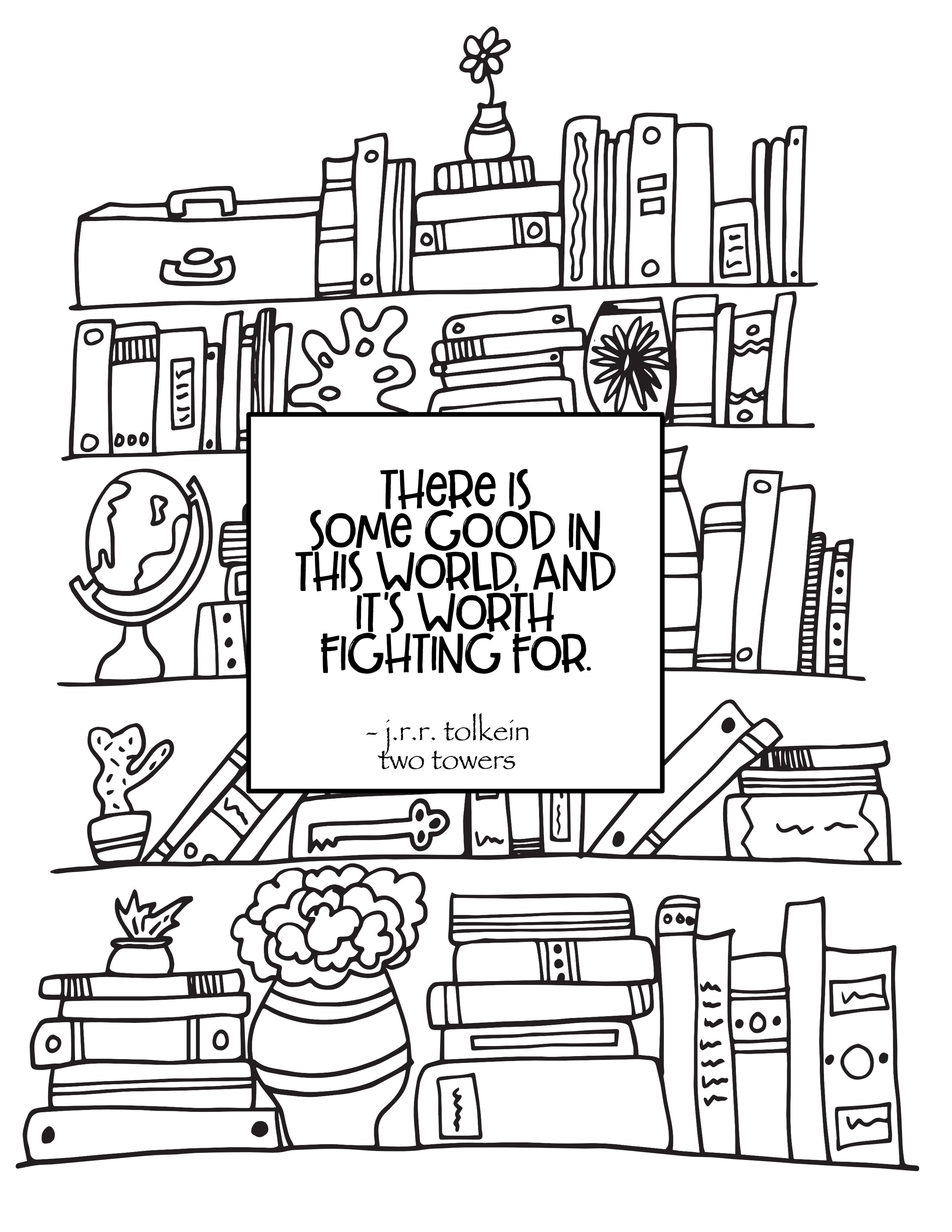 bookshelf with j.r.r. tolkien quote coloring pages