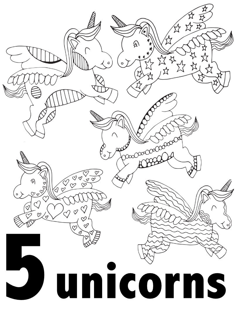 5 Unicorns! Free Printable Pages - CLICK HERE TO DOWNLOAD THE 5 PAGE ONLY
