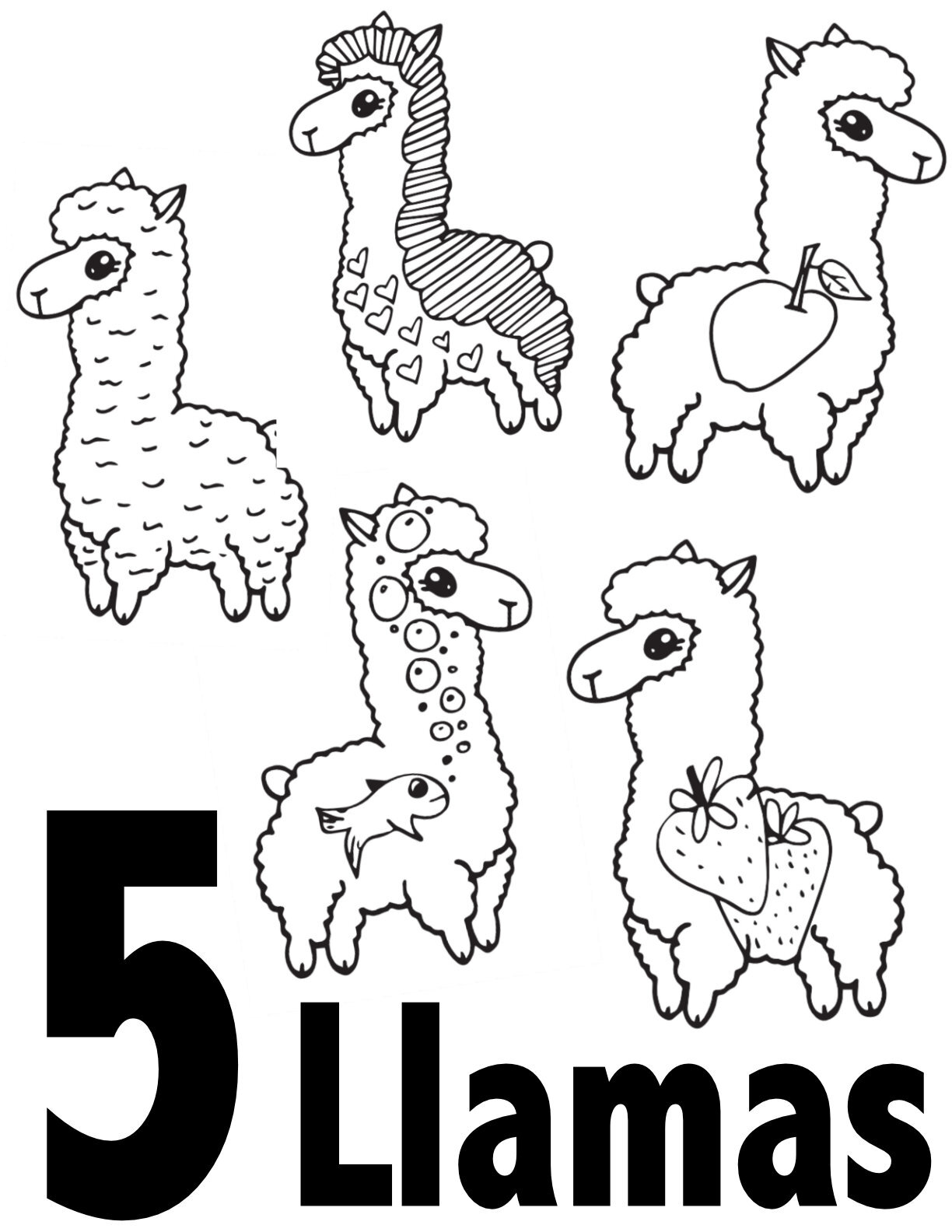 Llama Number Coloring Pages Collection 1-10 - Free Preschool/Kindergarten Printable - Number 5CLICK TO DOWNLOAD THE 5 LLAMA PAGE ONLY