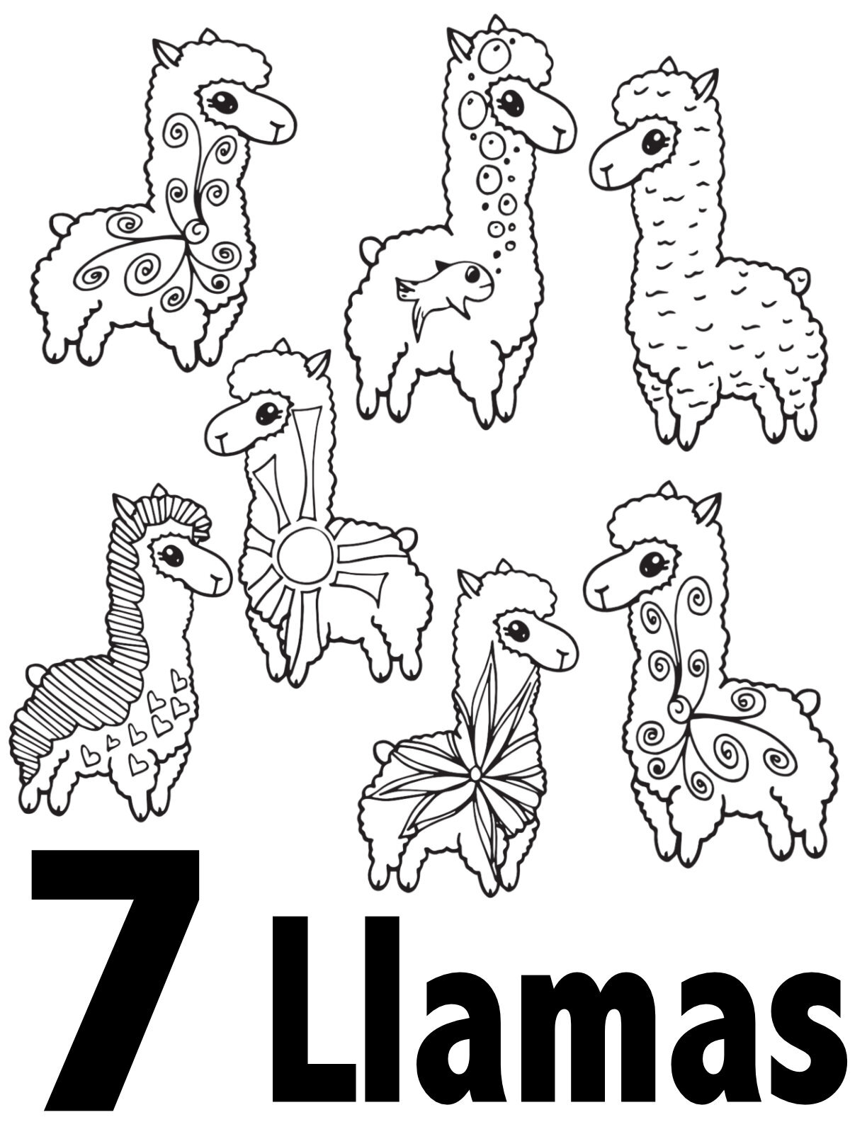 Llama Number Coloring Pages Collection 1-10 - Free Preschool/Kindergarten Printable - Number 7CLICK TO DOWNLOAD THE 7 LLAMA PAGE ONLY