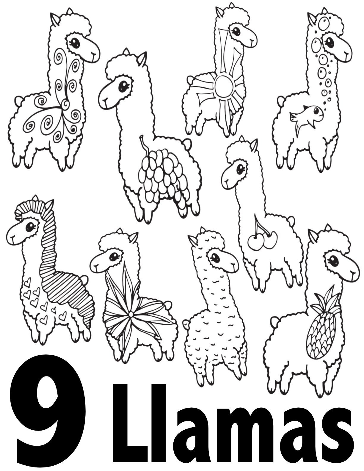 Llama Number Coloring Pages Collection 1-10 - Free Preschool/Kindergarten Printable - Number 9CLICK TO DOWNLOAD THE 9 LLAMA PAGE ONLY