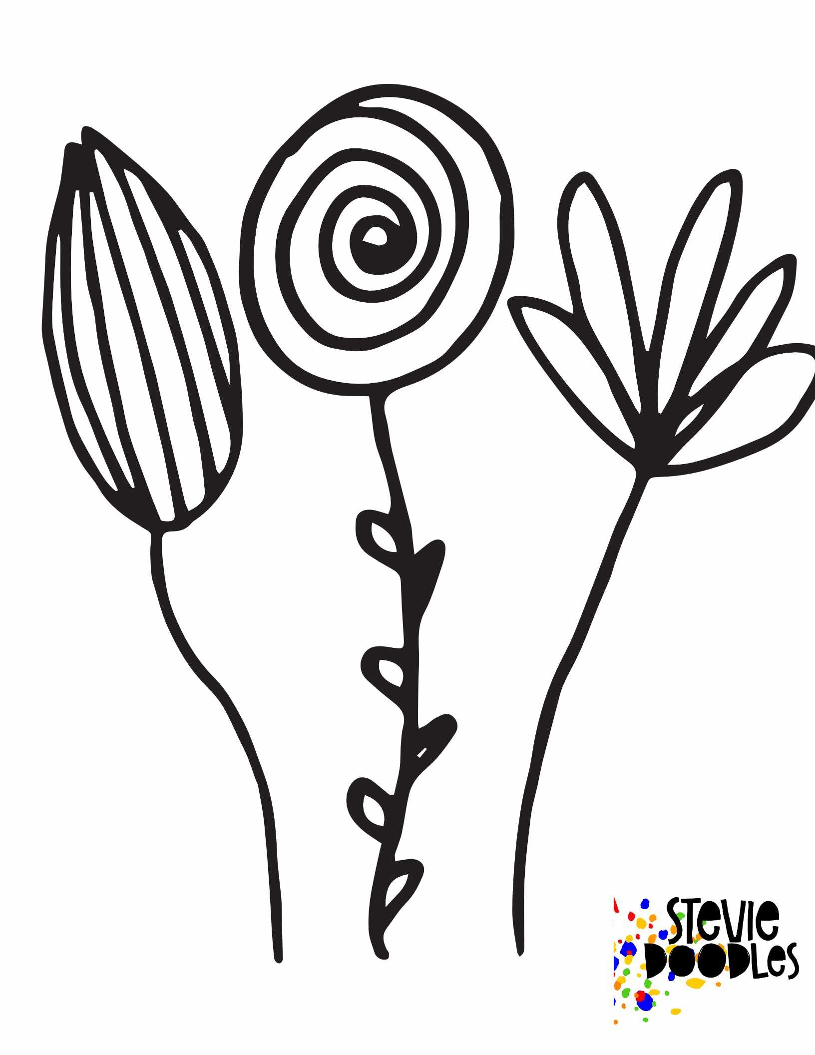 preschool flower coloring page with 3 simple long stemmed flowers