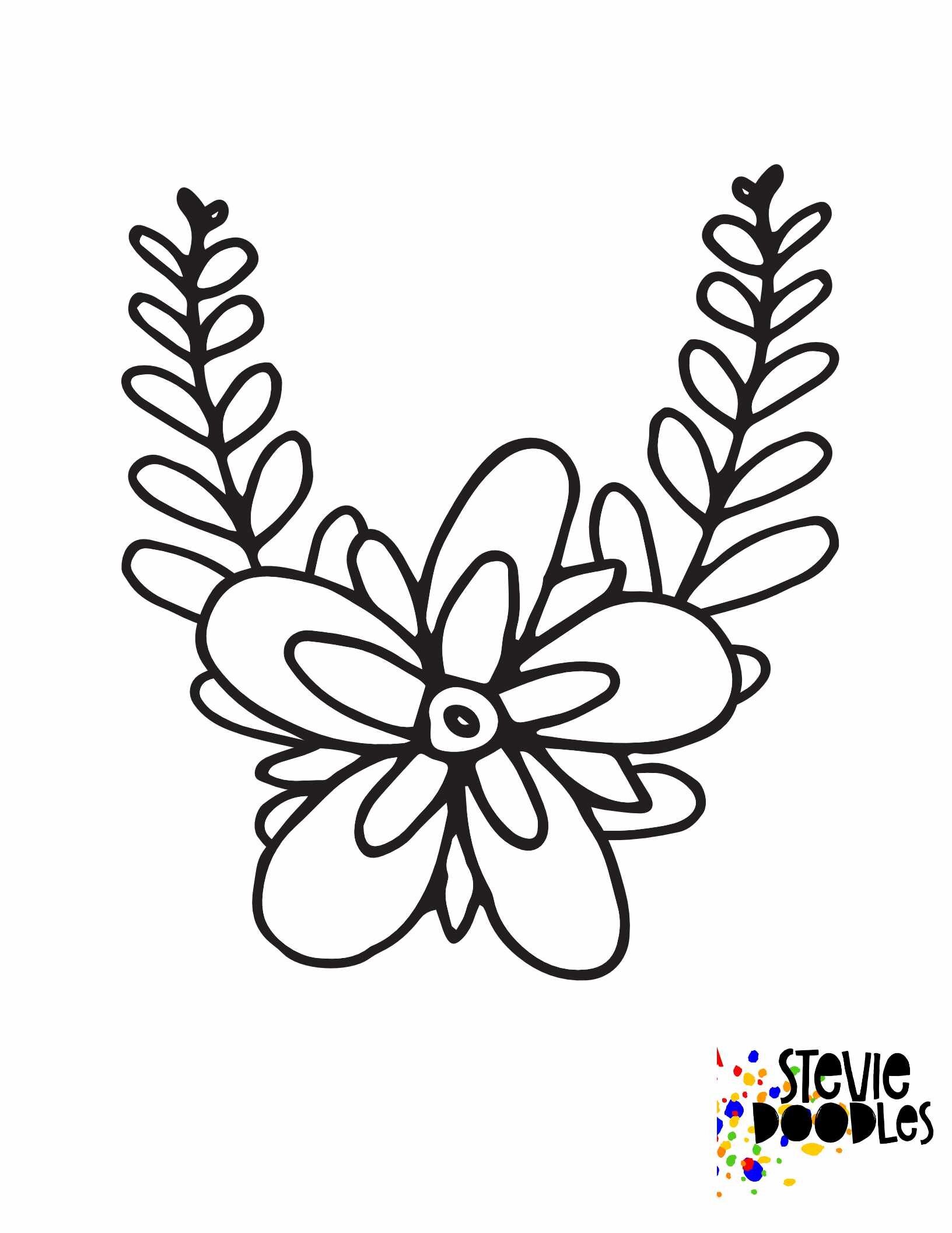flower coloring page with one big flower and ferns coming out of it