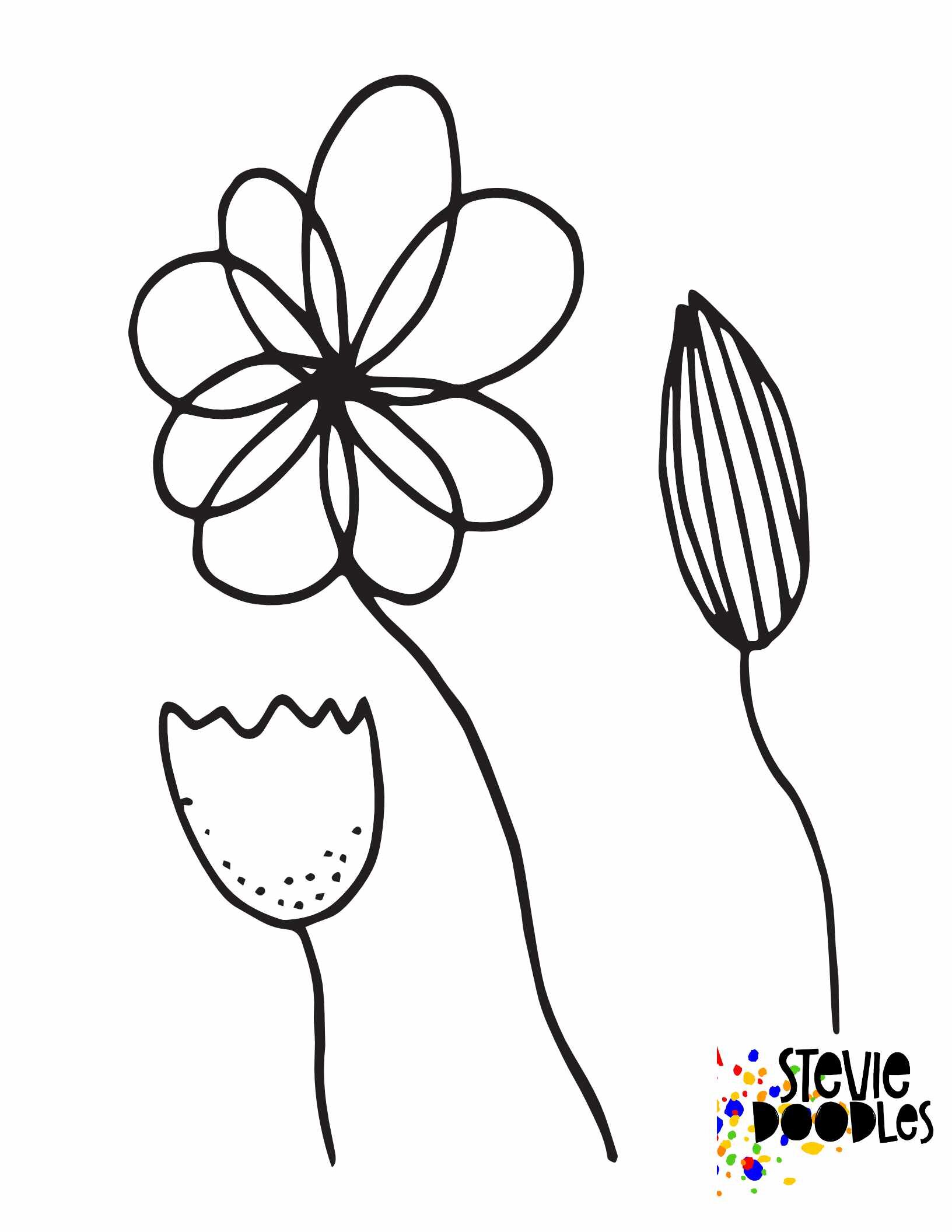 flower coloring page with 3 simple flowers
