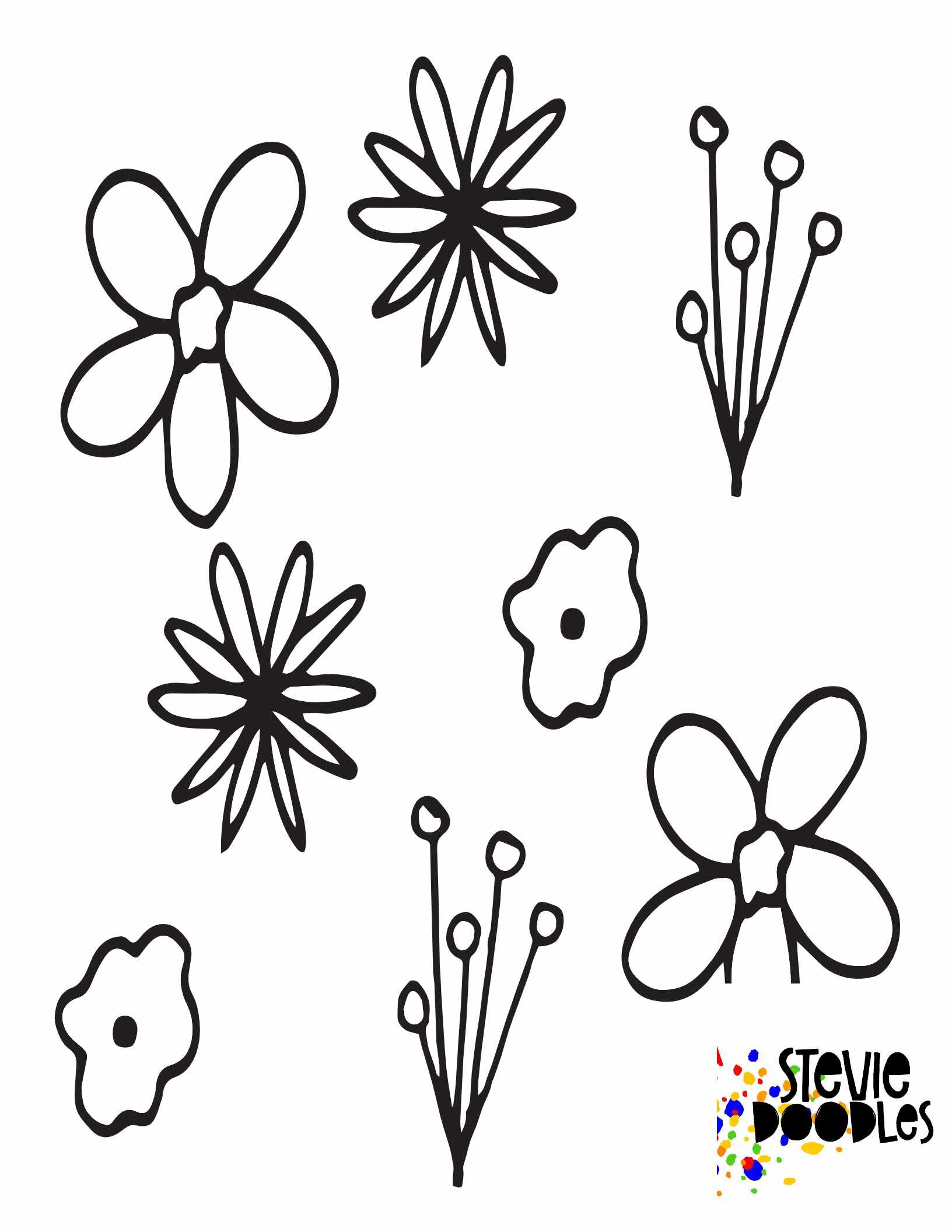 7 scattered little flowers to color on a kids coloring page