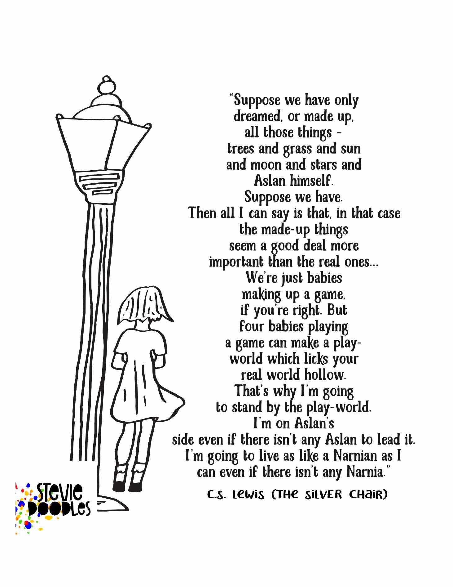Even If There Isn’t Any Narnia - Lucy With Lamppost Free Printable Narnia Coloring Page from Stevie Doodles