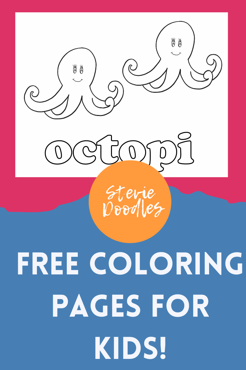 2 simple octopus drawings, empty inside, with big eyes and the colorable word "octopi" beneath the drawings