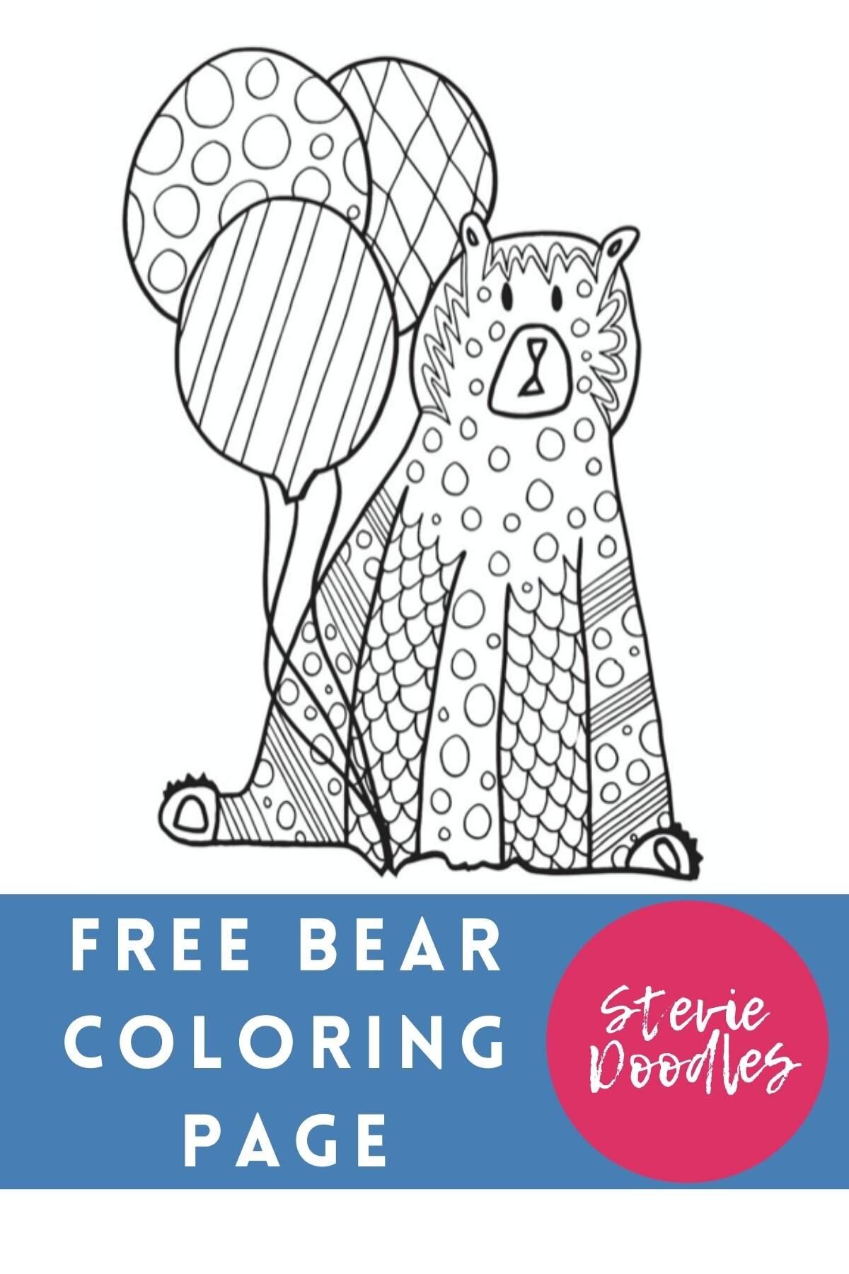 Free bear with balloons coloring page to print and color