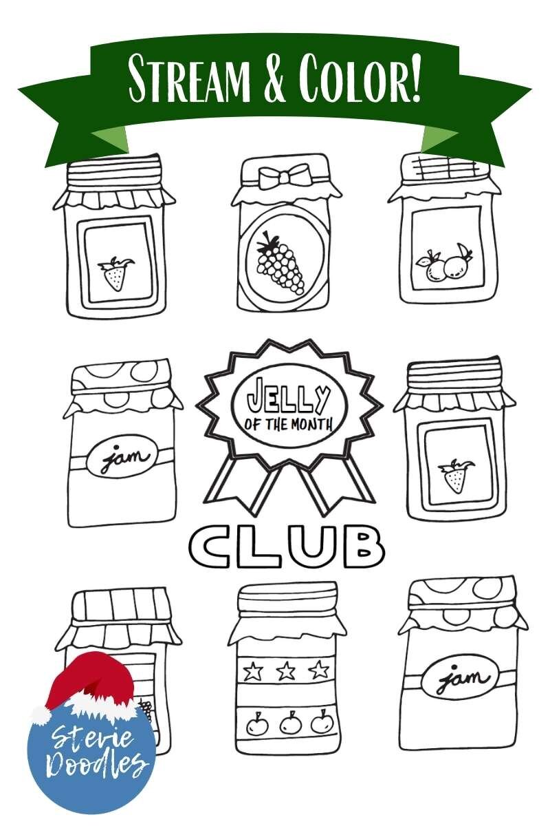 8 jams to color around a "jelly of the month club" badge