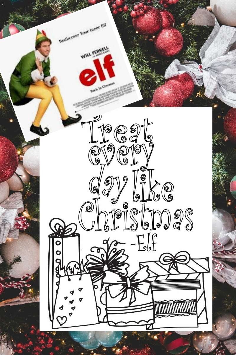 collage of colorable gifts with colorable text above "treat every day like Christmas"