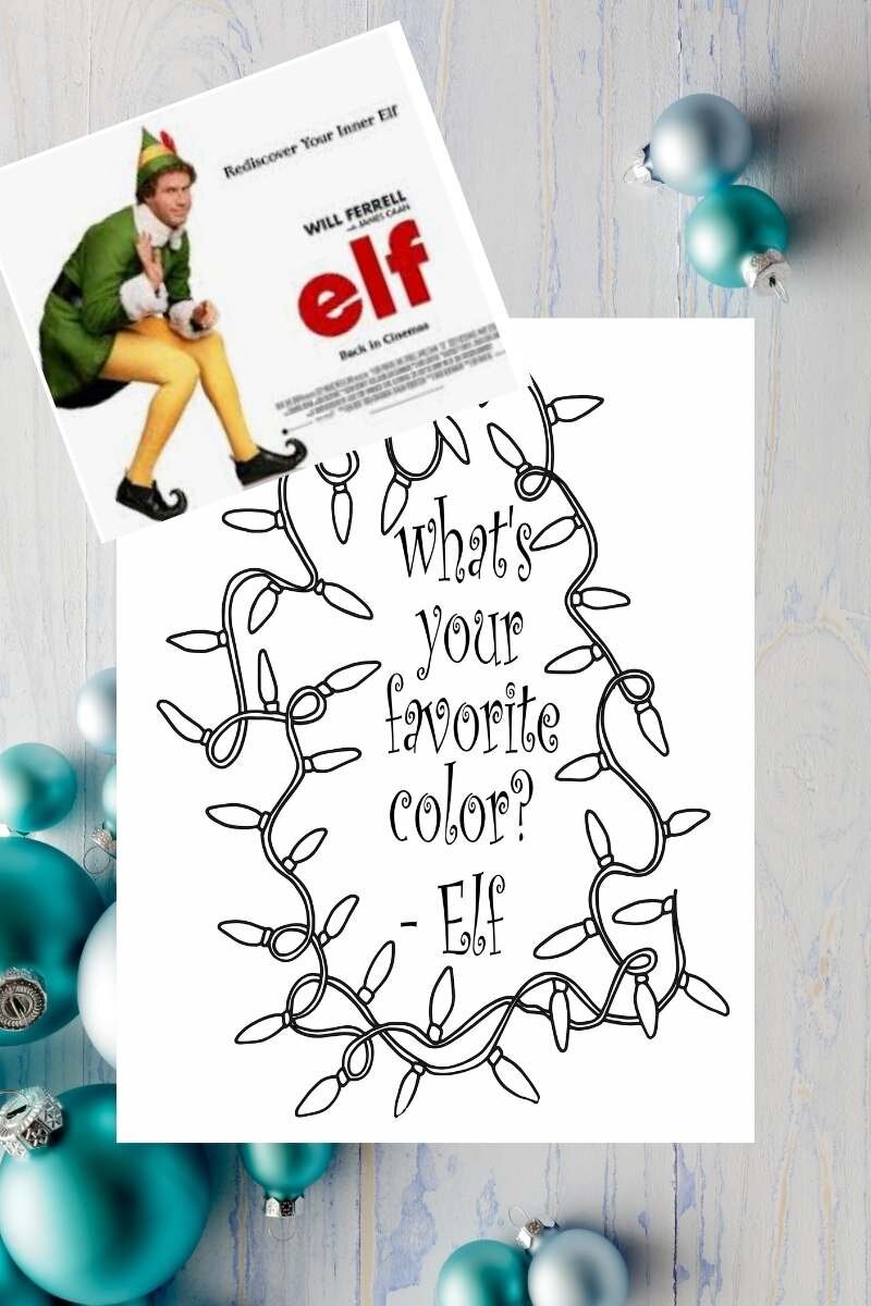coloring page with string of lights around the quote "What's your favorite color?"