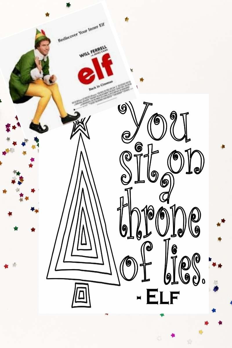 christmas tree shape made up of triangles and colorable quote "you sit on a throne of lies"
