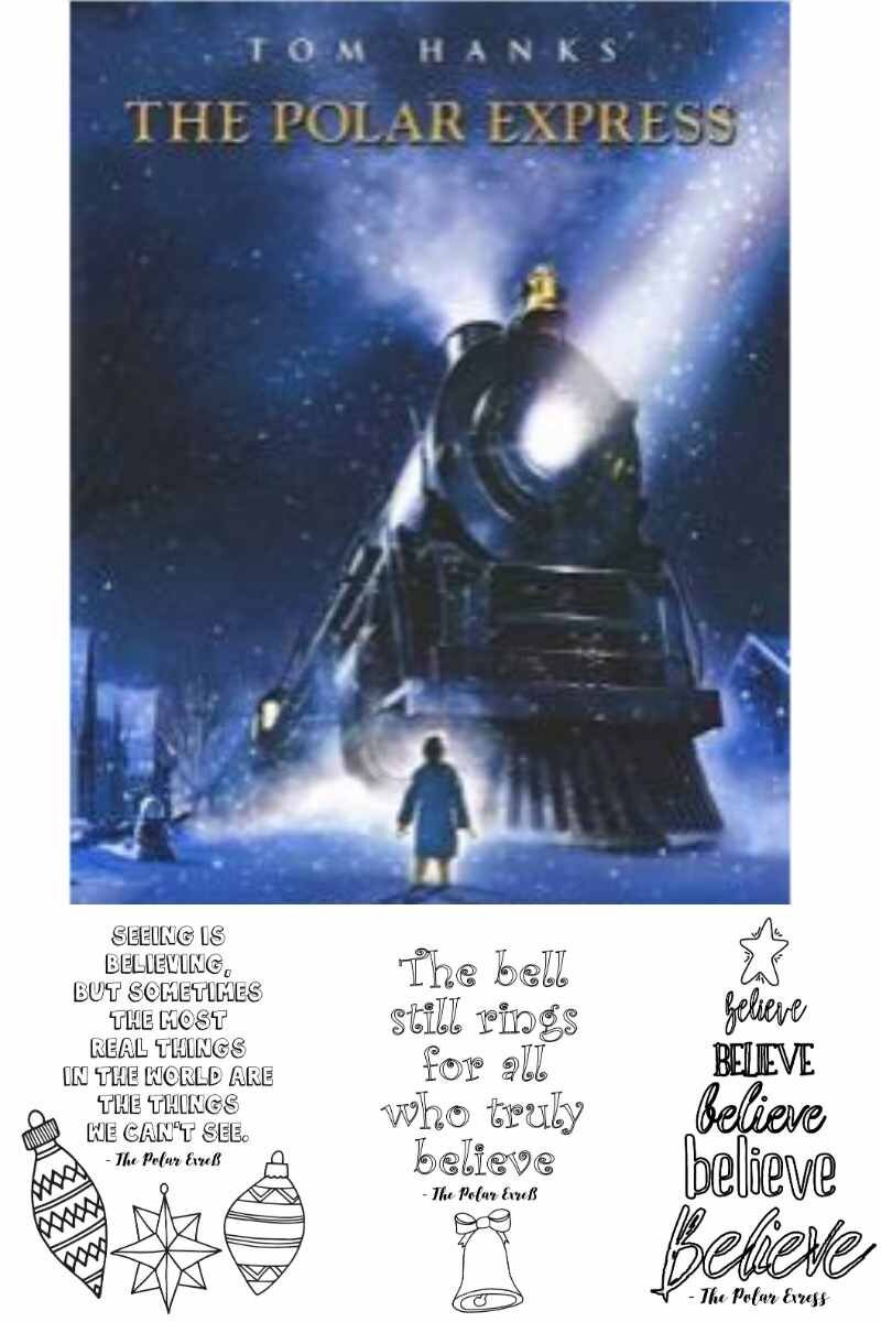 three polar express coloring pages in a line beneath the movie image