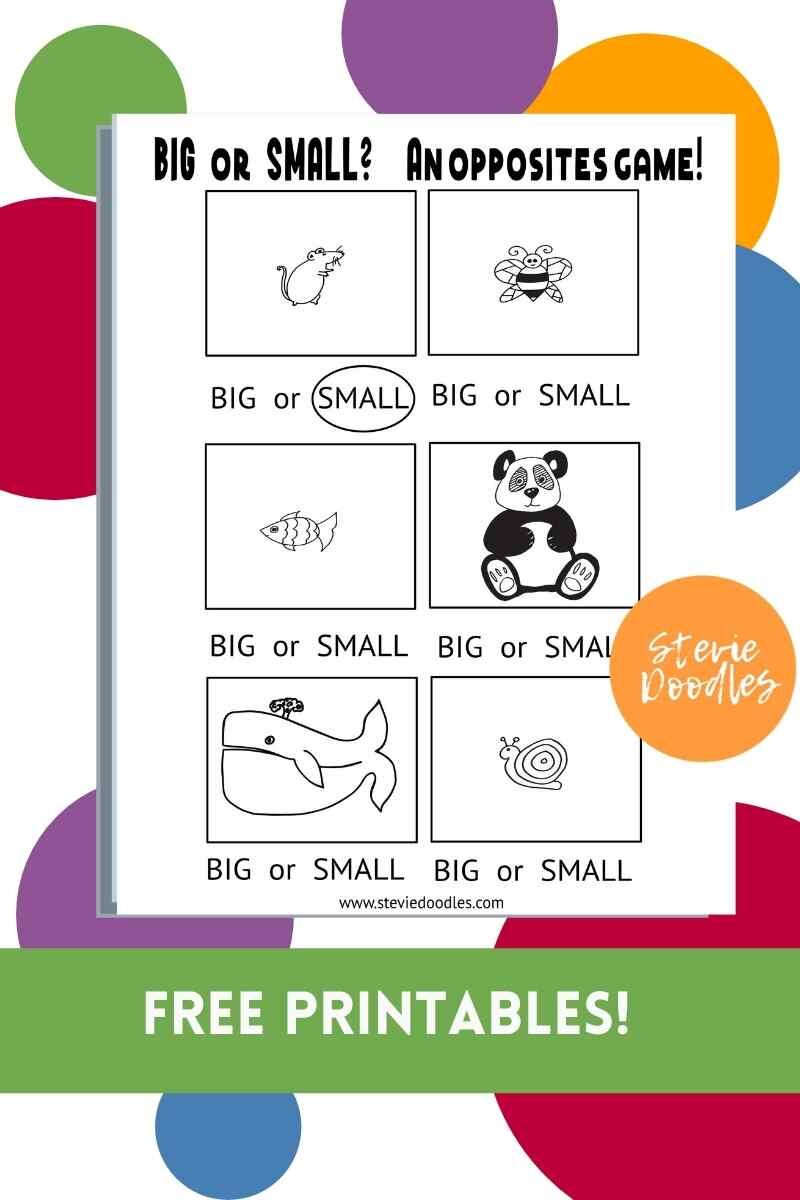 4 free opposites printable activity sheets from Stevie Doodles