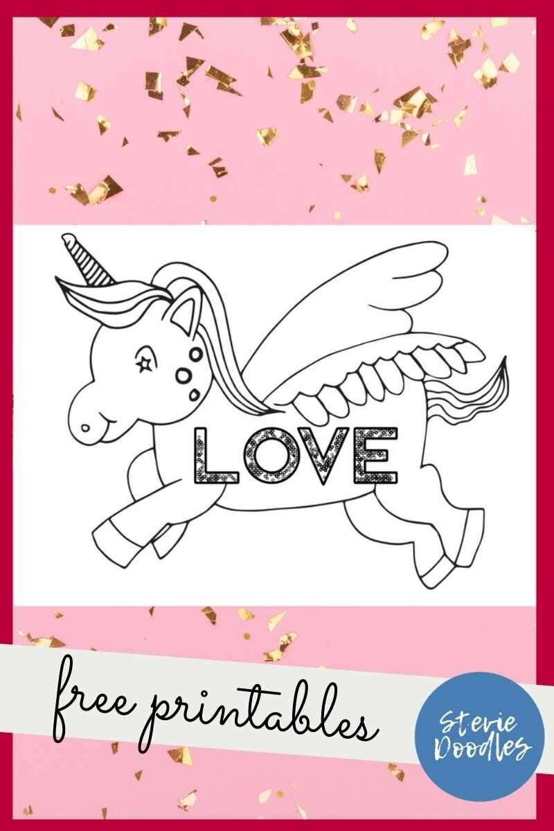 a simple unicorn coloring sheet with colorable word "love" on the body