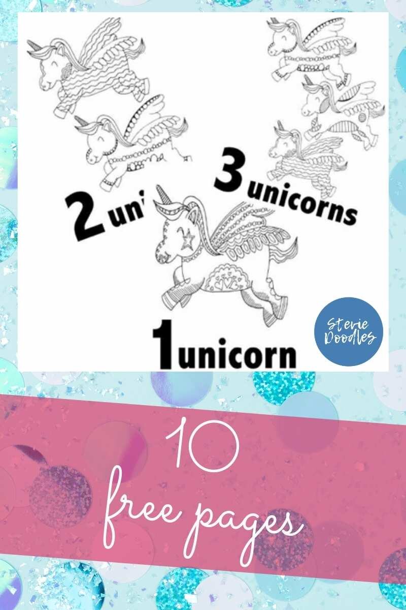 collage of unicorn coloring pages, 1 unicorn, 2 unicorns, and 3 unicorns