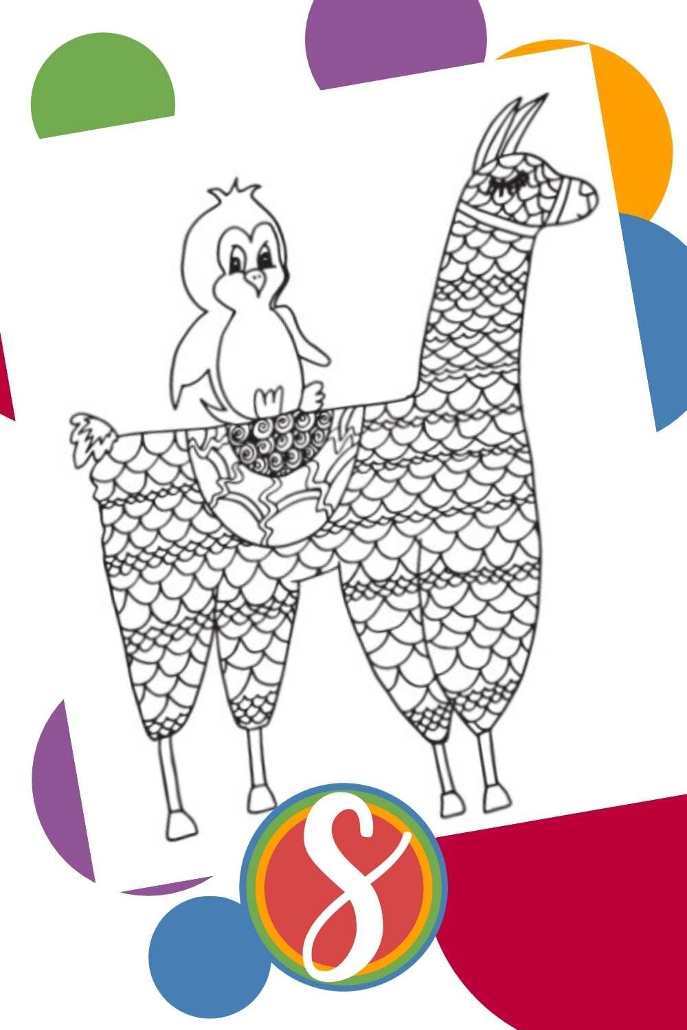 A black and white coloring page with a llama filled with designs to color. On the llama's back is a simple, cute penguin drawing. The coloring page sits on a background of primary colors.