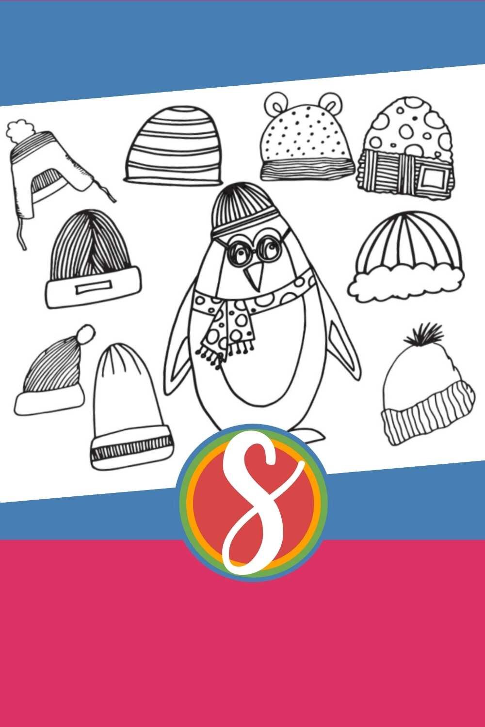 a winter penguin with goggles and scarf surrounded by colorable hats