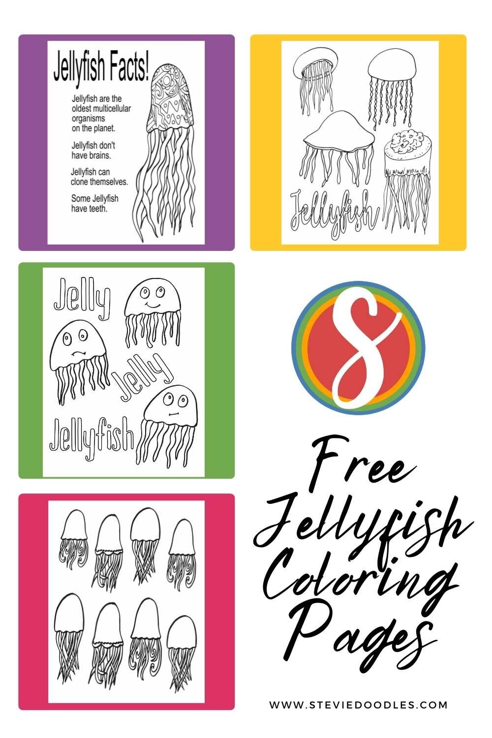 Image is of 4 jellyfish coloring pages, each filled with jellyfish drawings to color and set on a colored background, one yellow, one purple, one green