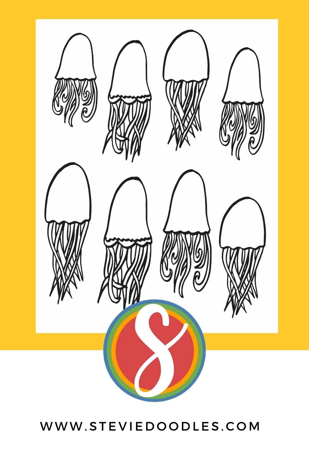 image is an uncolored coloring page full of plain jellyfish on a yellow background
