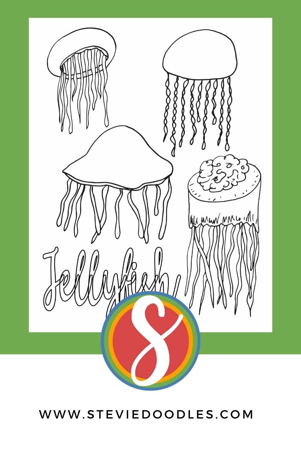 image is 4 simple jellyfish drawings to color. The colorable word "jellyfish" is printed underneath.