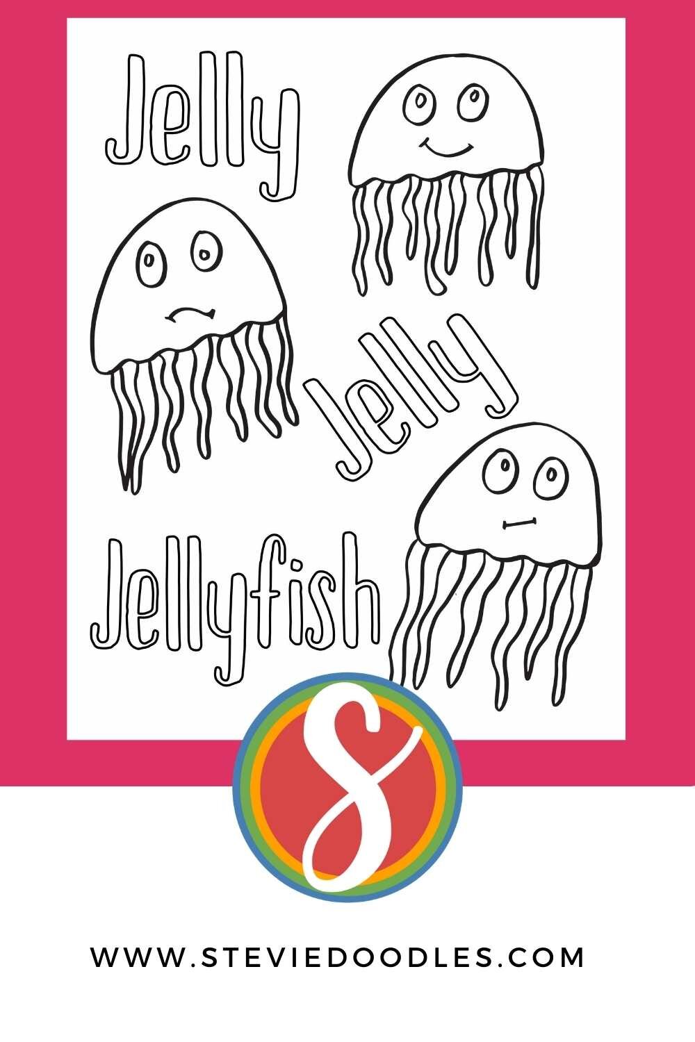 three colorable jellyfish with big eyes, and the colorable text "jelly jelly jellyfish"