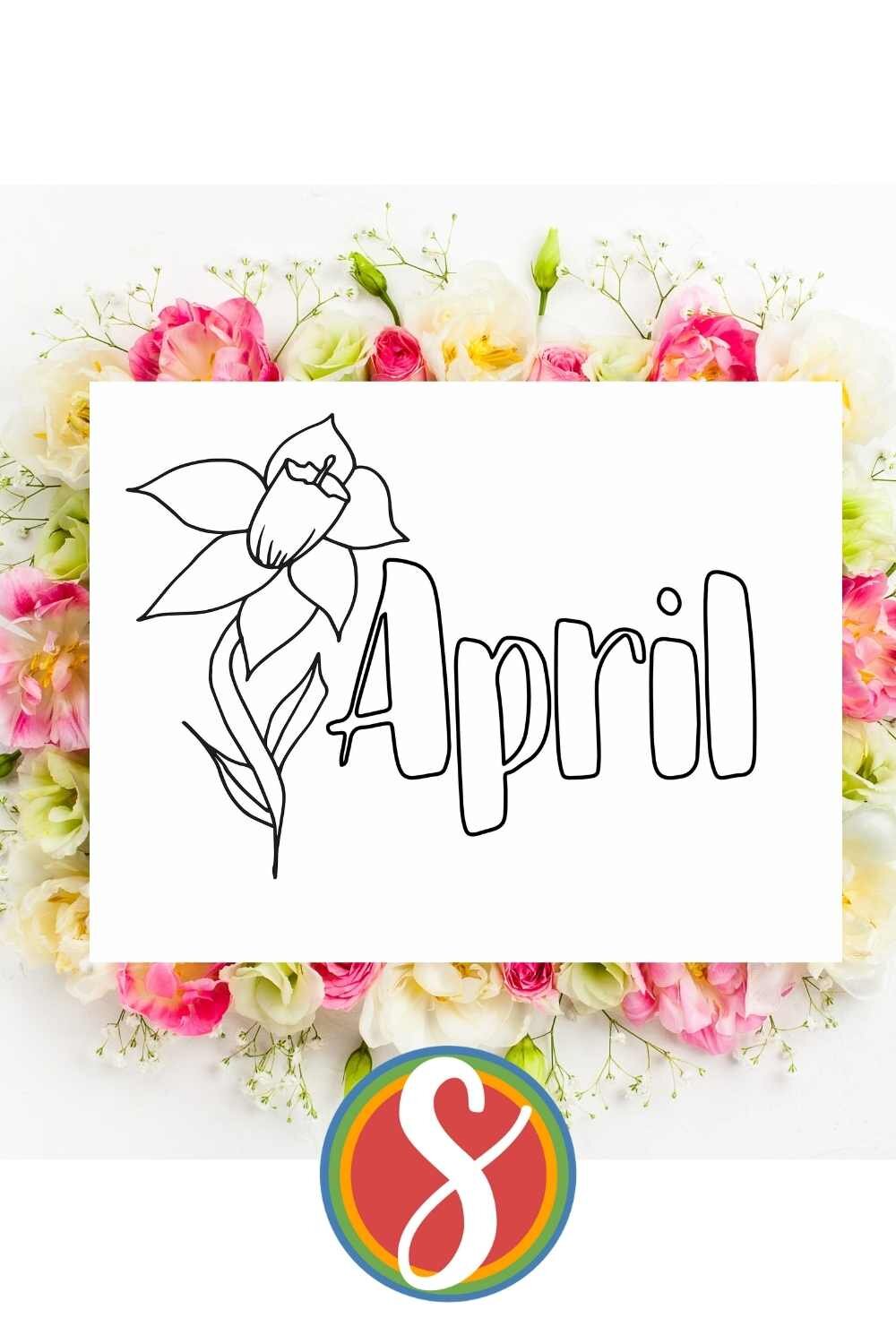 Free simple April coloring page for Spring from Stevie Doodles