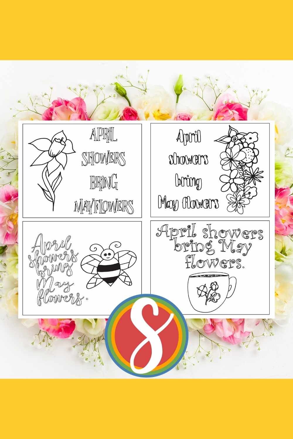 Printable colorable cards - April coloring page cards to print, color, and share from Stevie Doodles