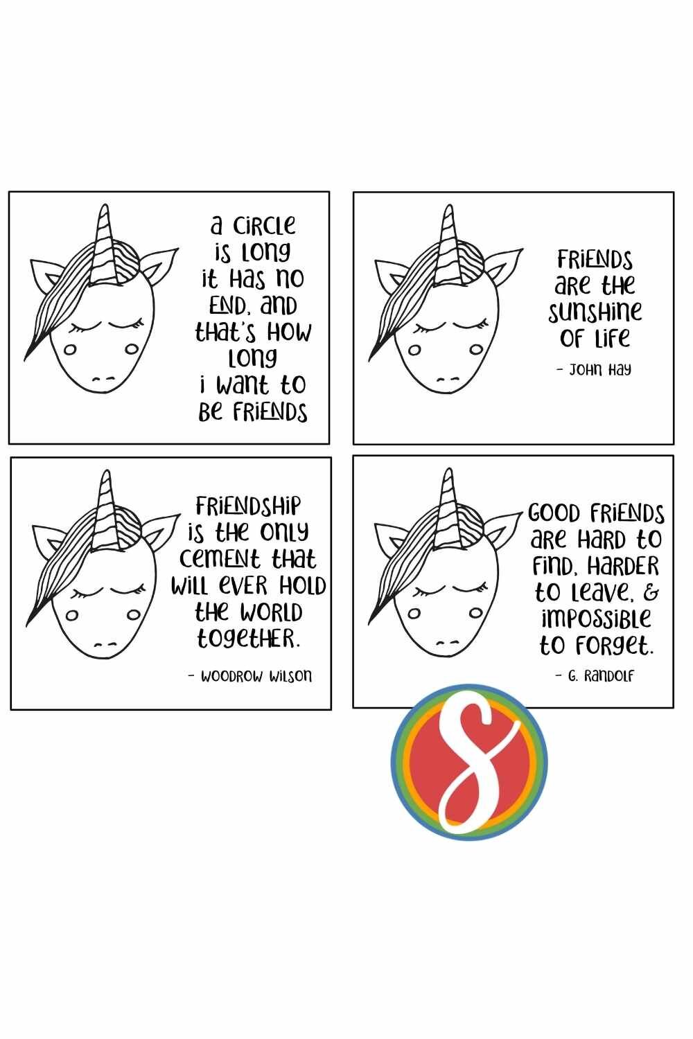 Friendship coloring cards with unicorns and quotes about friends - are to print and color from Stevie Doodles