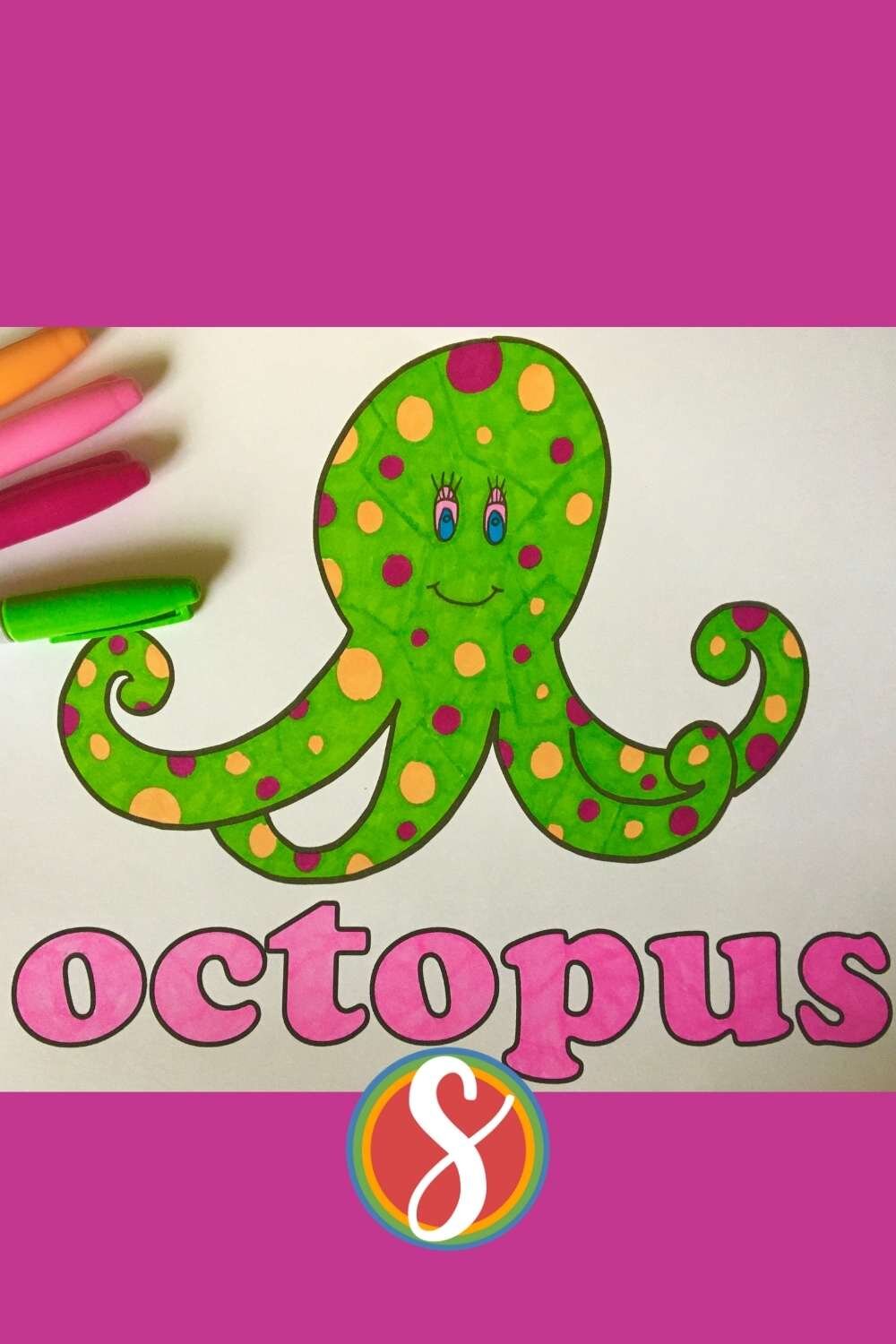 A colored octopus coloring page - a simple octopus drawing with spots inside, colored green with orange and magenta spots