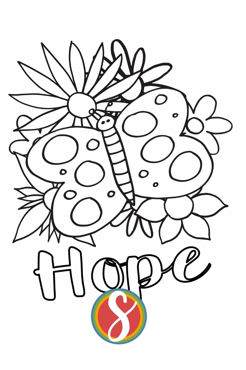 Hope with a butterfly and flowers and hope free printable coloring page from Stevie Doodles