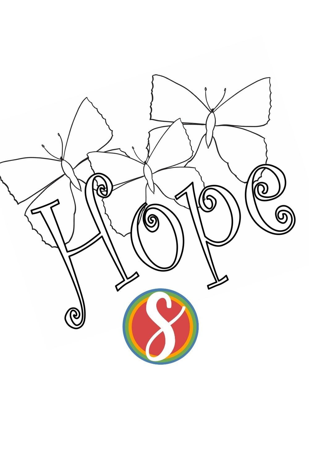 Hope with 3 Butterflies - free printable coloring page from Stevie Doodles
