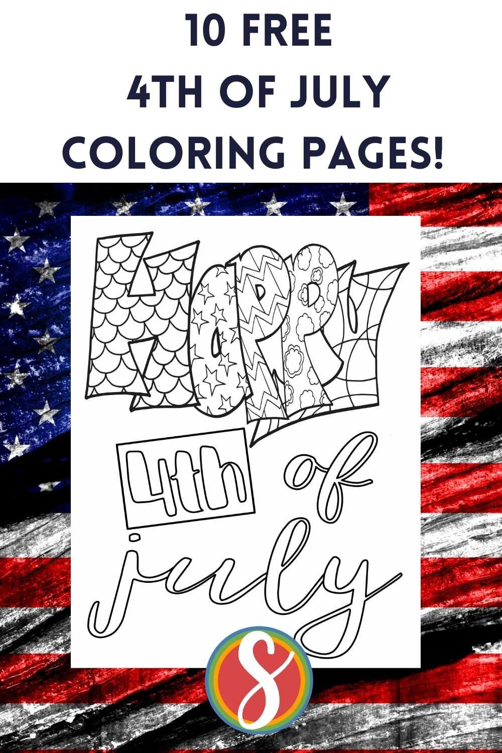 happy 4th of july coloring page, "Happy" is bubble letters with doodles inside