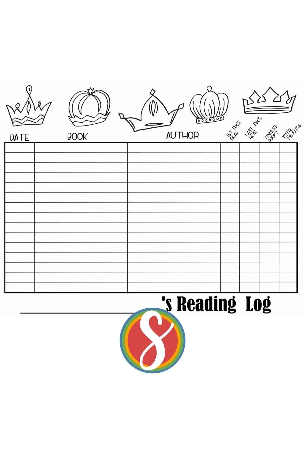 Free printable reading log from Stevie Doodles - with crowns -  track your reading for your reading program! 11 different styles to choose from!
