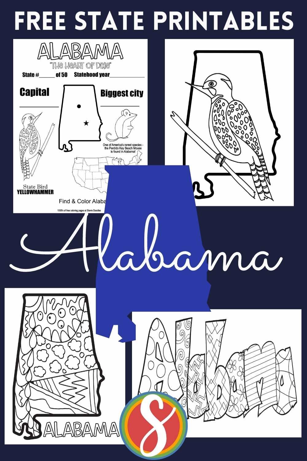4 alabama coloring pages, facts page, state outline with doodles, state bird on outline of state, and "Alabama" bubble letters filled with doodles