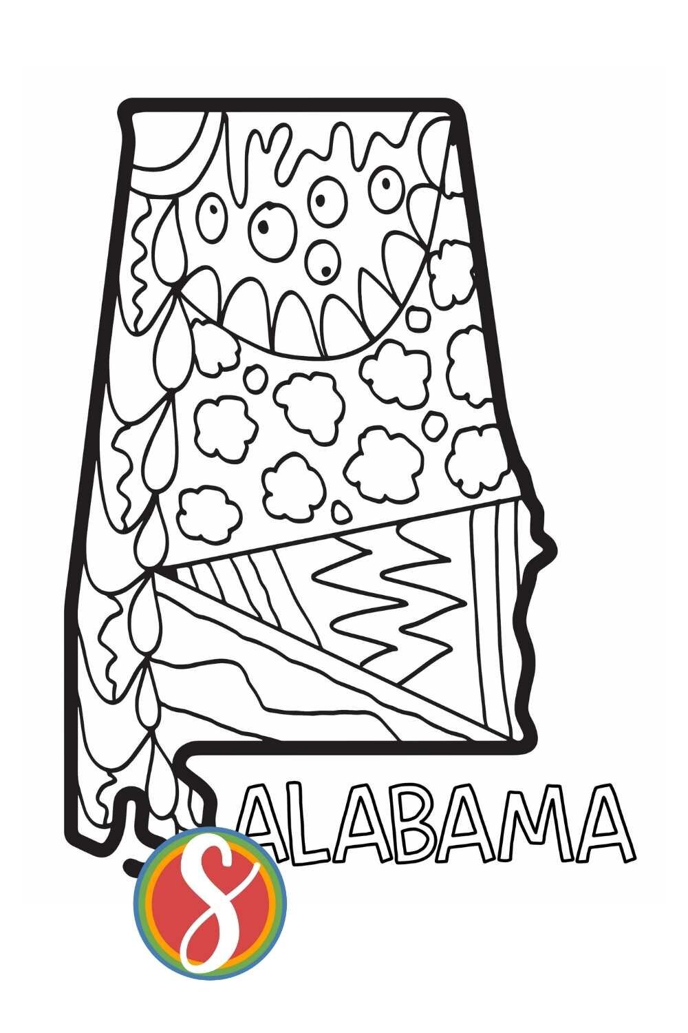 Alabama coloring page, outline of the state with doodles inside