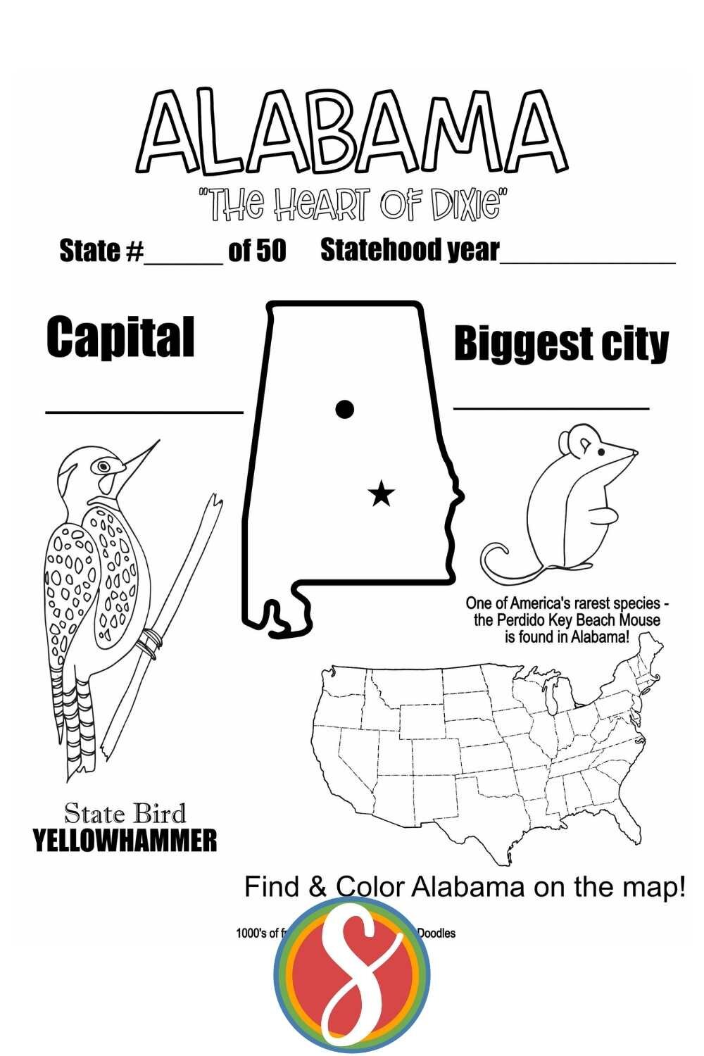 Alabama facts coloring page, US map, Alabama state outline, beach mouse, yellowhammer