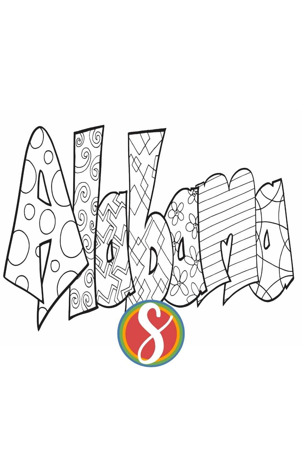 Alabama coloring page, Alabama in bubble letters with doodles inside to color