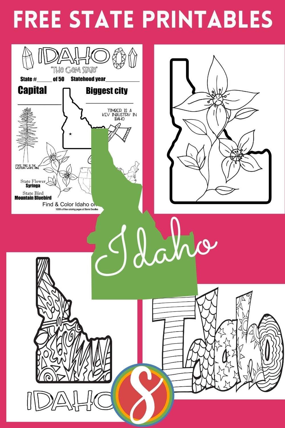 Free 4 Idaho coloring pages to print and color from Stevie Doodles - print and color these Idaho pages today