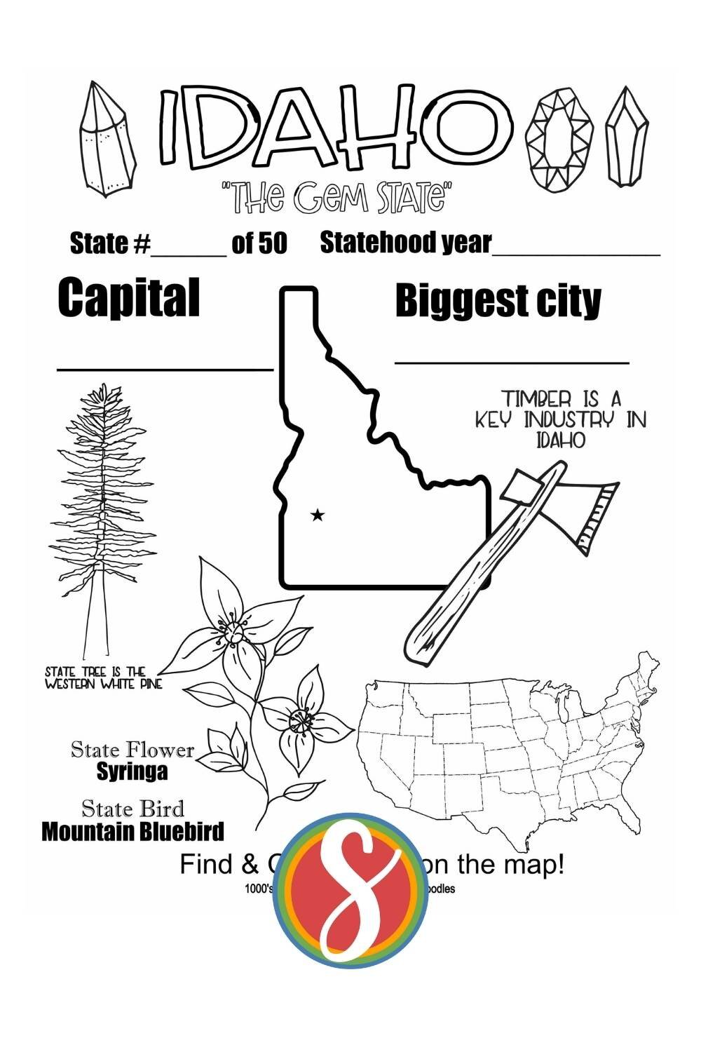 Idaho facts - a free activity coloring page about Idahofrom Stevie Doodles, free to print and color. Find 1000’s of free printable coloring sheets of all kinds at Stevie Doodles