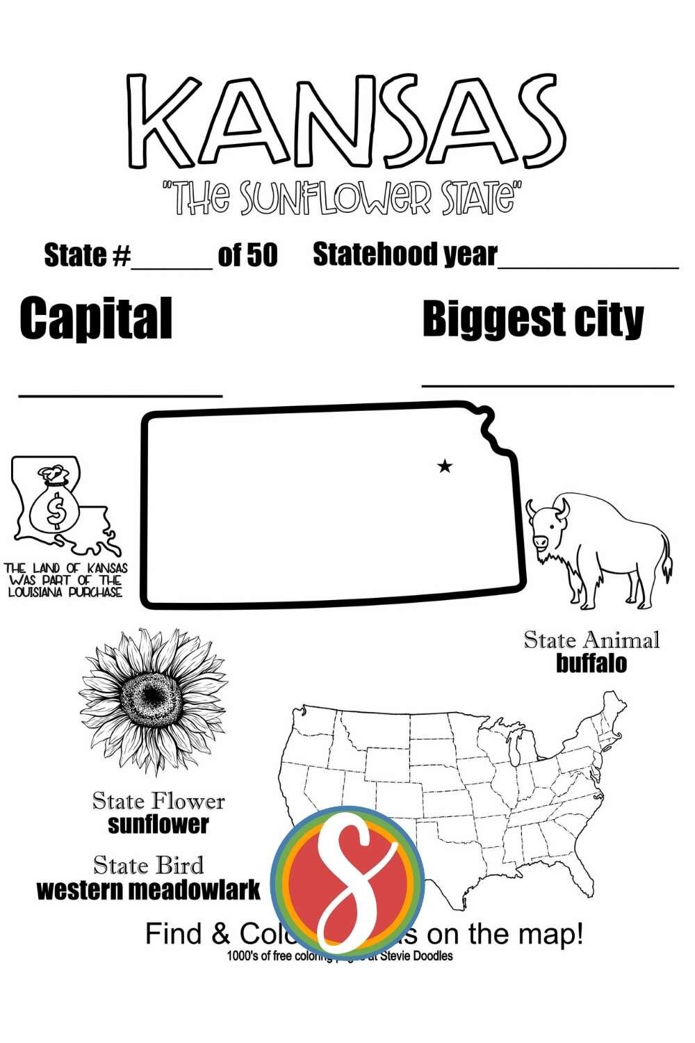 Kansas  facts - a free activity coloring page about Kansas from Stevie Doodles, free to print and color. Find 1000’s of free printable coloring sheets of all kinds at Stevie Doodles