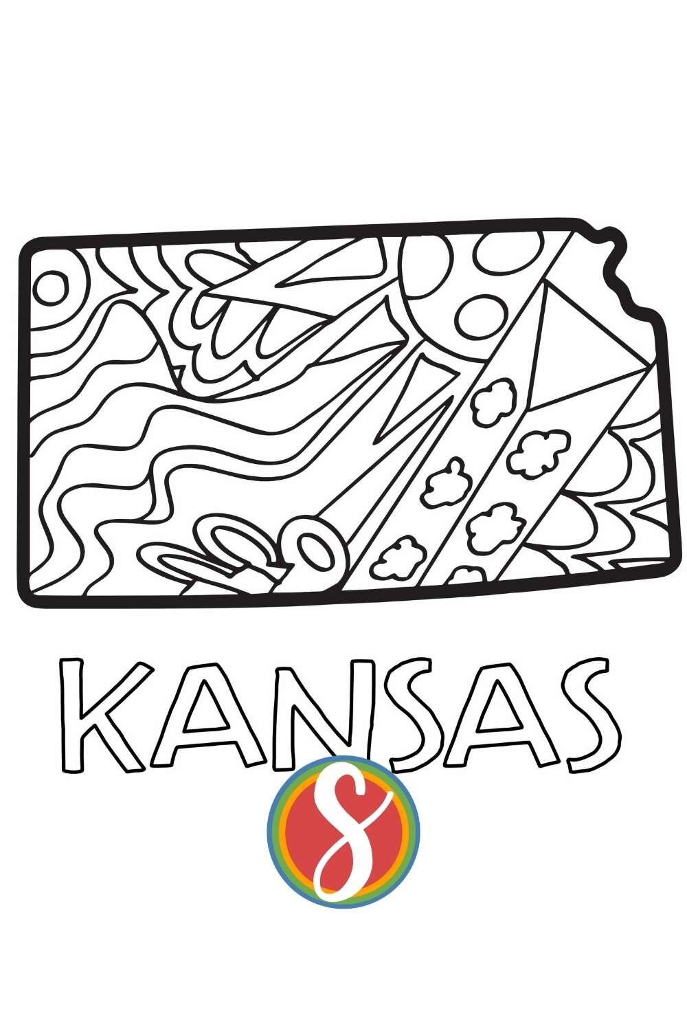 Free printable Kansas coloring page from Stevie Doodles - print and color 4 free Kansasthemed activity pages in this post from Stevie Doodles and find your state too!