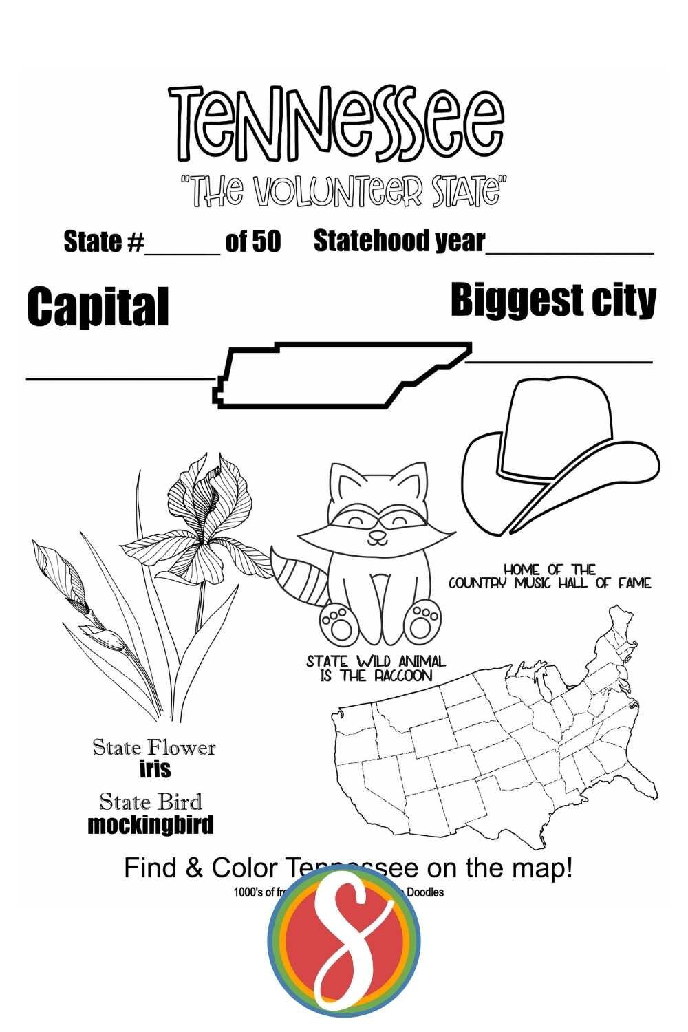 Tennessee  facts - a free activity coloring page about Tennessee from Stevie Doodles, free to print and color. Find 1000’s of free printable coloring sheets of all kinds at Stevie Doodles