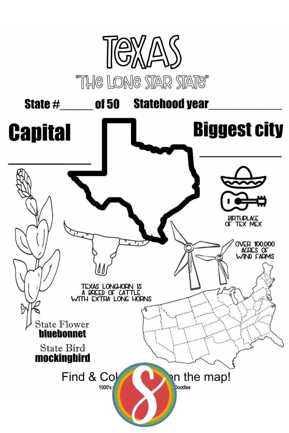 Texas  facts - a free activity coloring page about Texas from Stevie Doodles, free to print and color. Find 1000’s of free printable coloring sheets of all kinds at Stevie Doodles